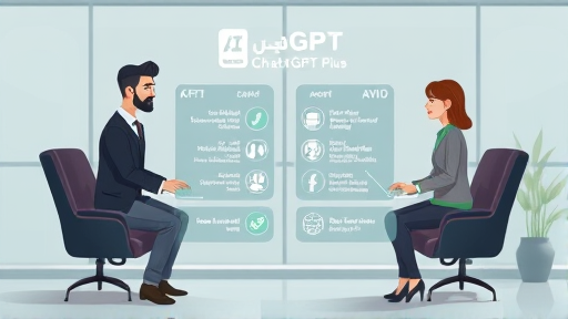 AI assistant illustration comparing ChatGPT Go and ChatGPT Plus features, abstract design, animated technology interface, green accent, text-free