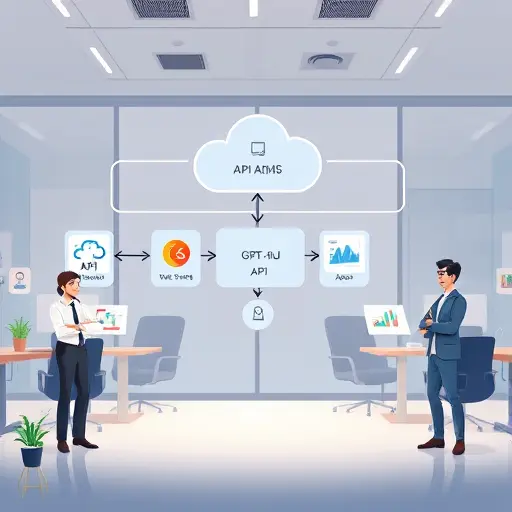 modern API architecture diagram illustration, animated data flow visualization between a cloud-based GPT-4 Turbo API and web/
