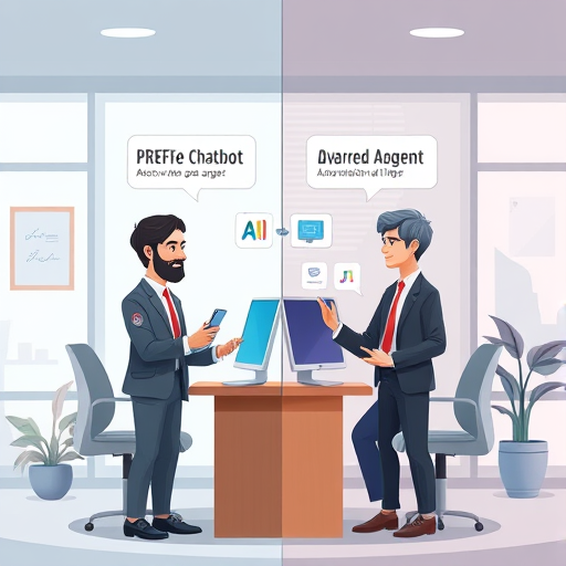 split-screen illustration comparing a simple chatbot vs. an advanced AI agent, showing decision-