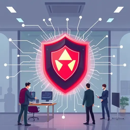 animated shield surrounding an AI core, digital lines repelling malicious code attempts, cartoon-