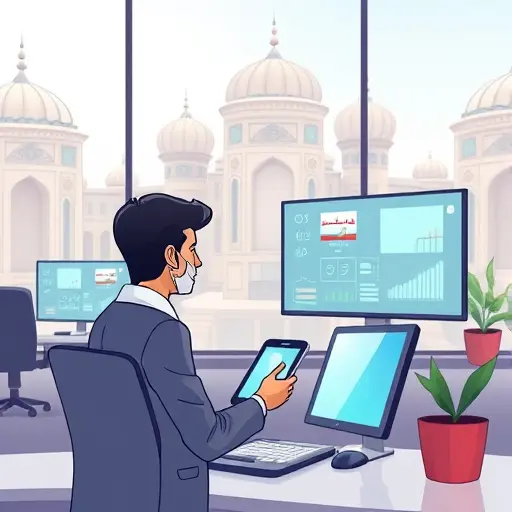 cartoon illustration: Iranian user accessing GapGPT app, glowing connection to Claude Opus 4.5