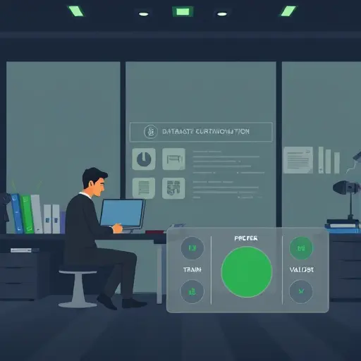 clean animated dataset curation scene: folders, lab reports, unit converters, split train/val/test diagram; dark theme, green accents; professional; text-free; no real people