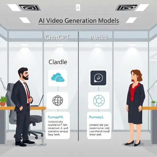 modern animated diagram comparing different AI video generation models, icons of ChatGPT, Gemini, Claude, RunwayML, clear highlights, no text