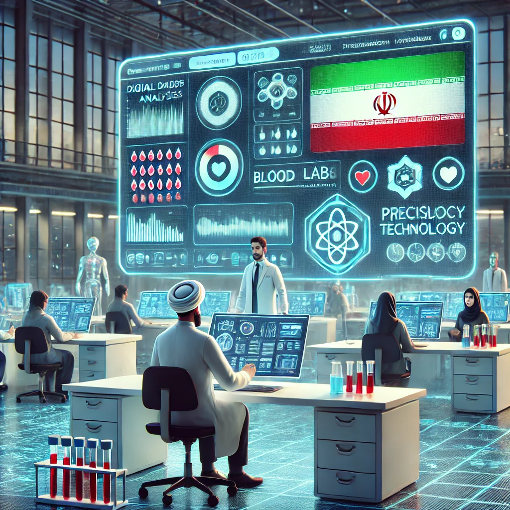 futuristic technology animation, AI models analyzing blood & lab data, digital dashboard with precision icons, cartoon style, no text