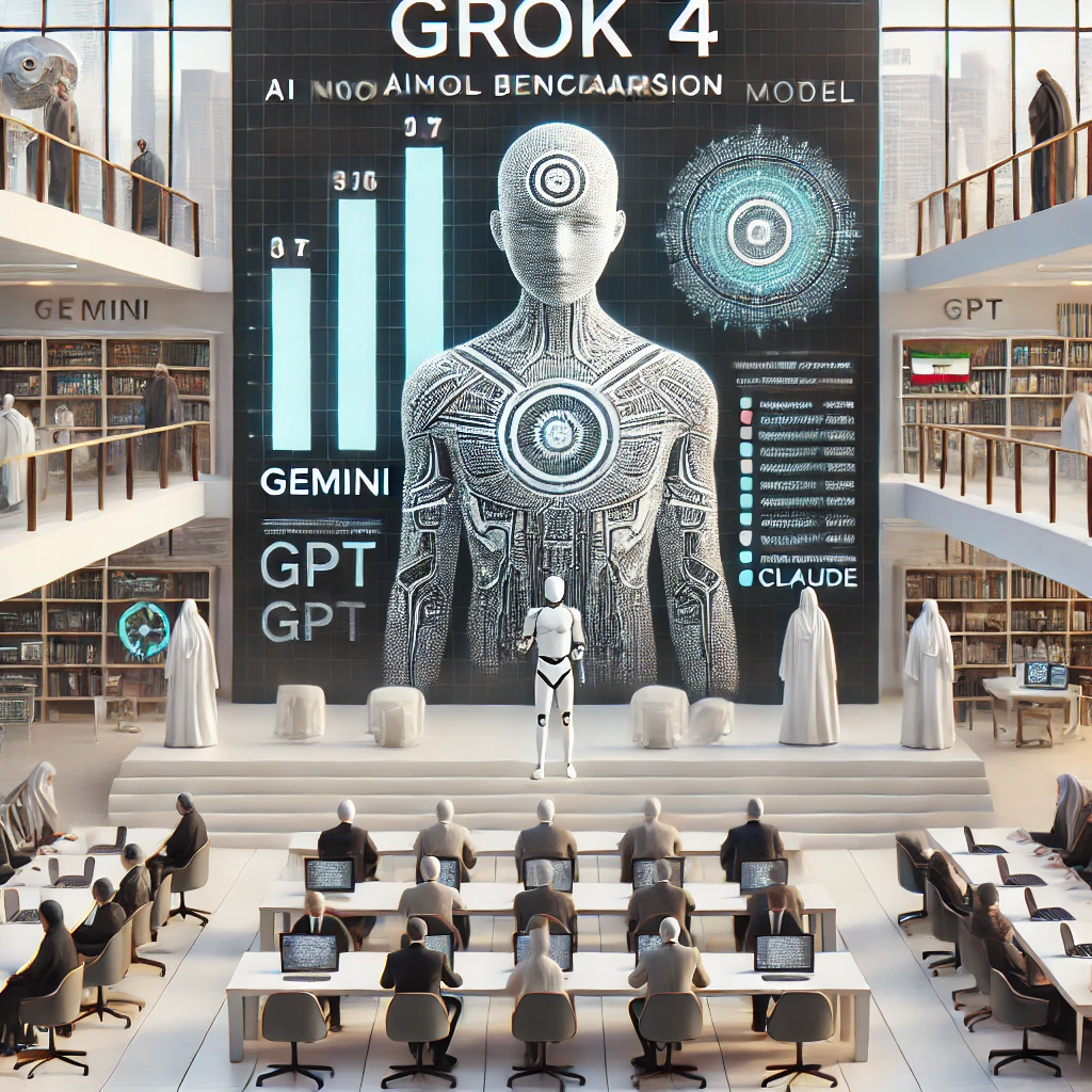 animated infographic of AI model benchmarks comparison, Grok 4 chart outperforming other AI models (Gemini, GPT, Claude)