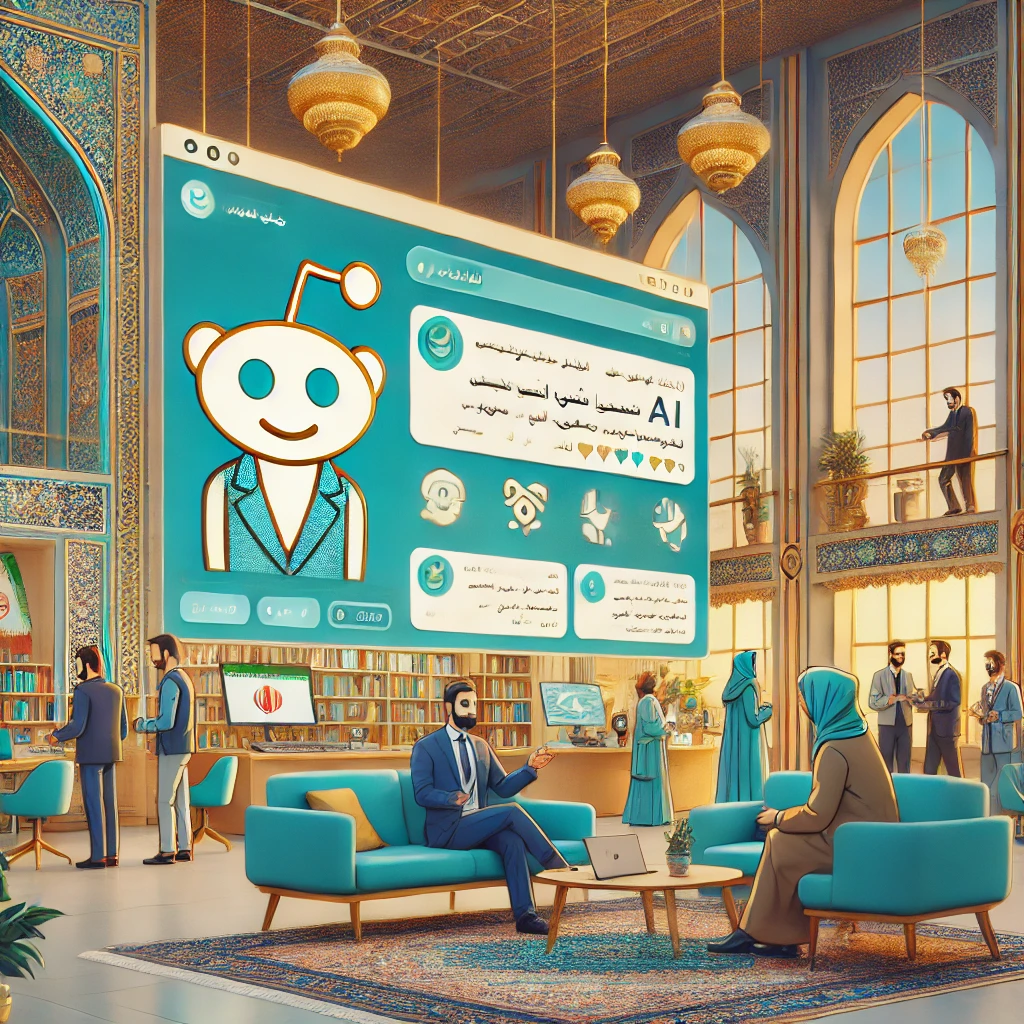 illustrated scene of online community discussion about AI, cartoon-