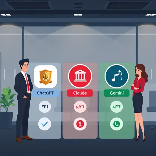 animated comparison board of ChatGPT, Claude, Gemini icons with performance badges (F1, latency, safety)