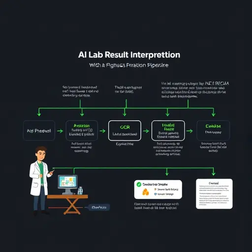 flowchart-style illustration of AI lab result interpretation pipeline: OCR -> unit normalization -> medical range check -> risk flags -> explanation; dark theme with green accents;;