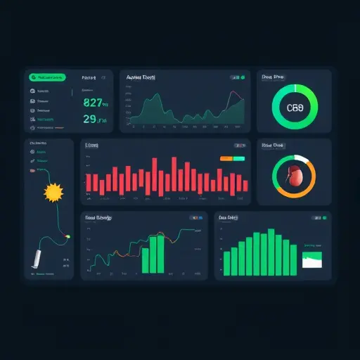 dashboard-style illustration with medical panel icons (CBC, HbA1c, lipid profile, liver and kidney function), dark theme, green accent, clean, text-free