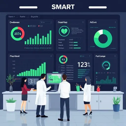 abstract illustration of a smart hospital dashboard powered by AI, charts and medical icons (stethoscope, heart rate, MRI symbol)/