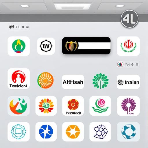 gallery display of AI-made logos for Iranian brands, cartoon style, variety of abstract logos and color themes, clean and stylish, text-free
