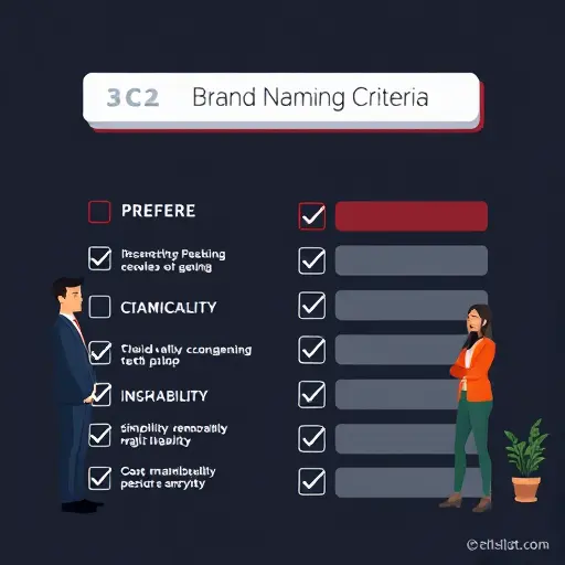 animated checklist illustration for brand naming criteria: simplicity, memorability, registrability, localization;