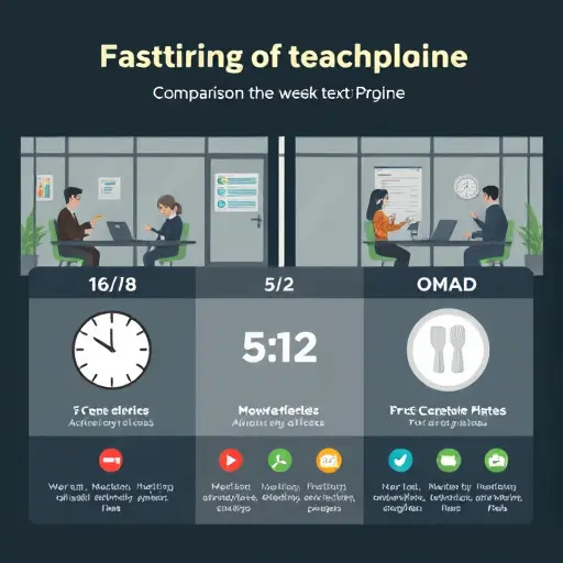 clean comparison infographic illustration of fasting methods 16/8, 5:2, OMAD, icons for clock, calendar, single plate, dark theme, green accents, text-free, professional