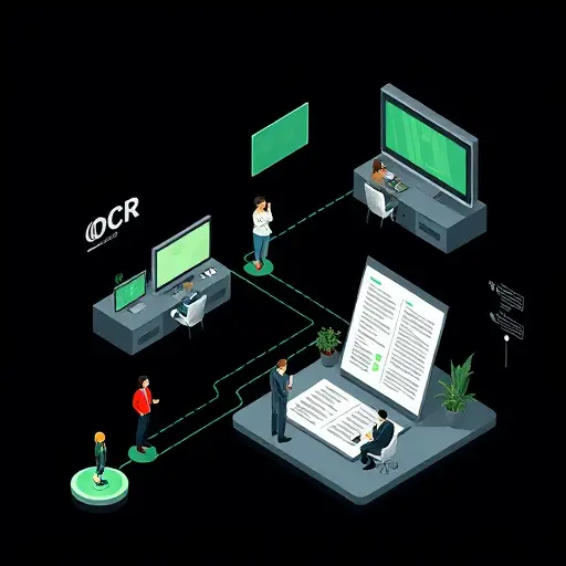 isometric illustration of an AI OCR pipeline: preprocessing, text detection, recognition, and language post-processing;