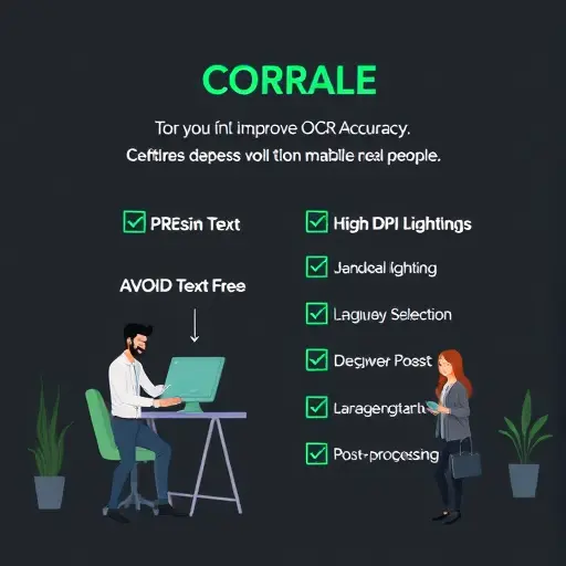 clean checklist illustration for improving OCR accuracy: high DPI, lighting, deskew, language selection, post-processing; minimal tech style, dark background, green highlights, text-free