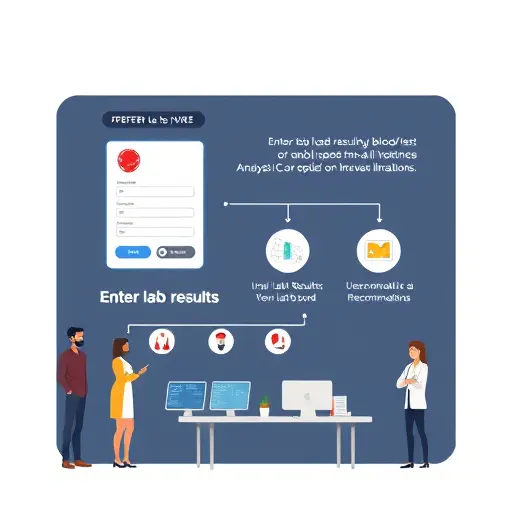 step-by-step flow illustration of entering lab results into an AI assistant, icons for blood test, input form, analysis, recommendations, minimal cartoon style, dark UI, text-free