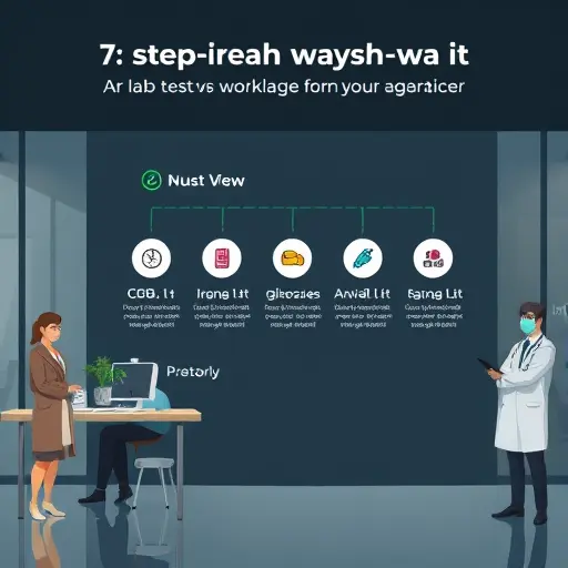 clean UI mockup of a step-by-step wizard for lab test interpretation, dark theme, green accent, steps labeled as 1-7