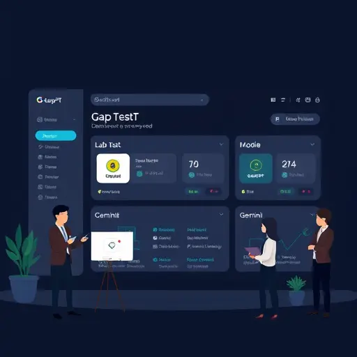 clean animated illustration of GapGPT dashboard in dark theme, showing lab test file upload and model selection (ChatGPT, Claude, Gemini)