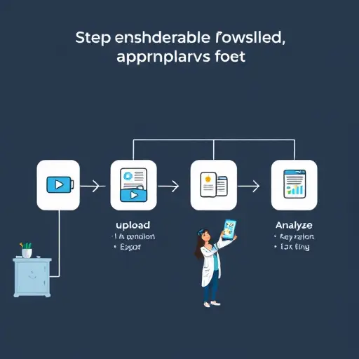 step-by-step mobile scanning workflow of a lab report, icons for upload, prompt, analyze, export, clean dark theme, text-free