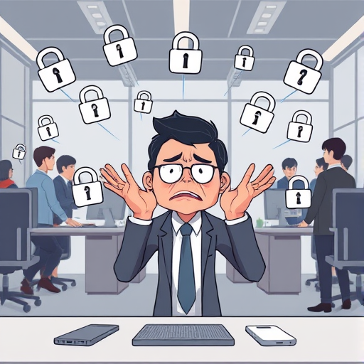 illustration of a frustrated user facing connection issues with AI platforms due to sanctions, animated, symbolic lock icons, technology obstacles, text-free