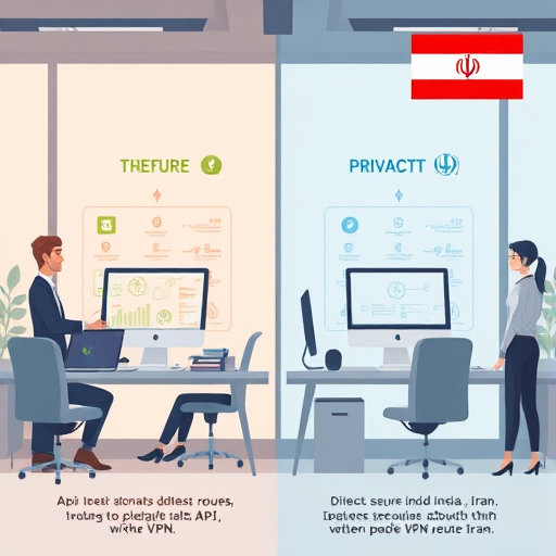modern infographic comparing API security and privacy between two platforms: one with international data routes and VPN, the other direct, secure inside Iran;