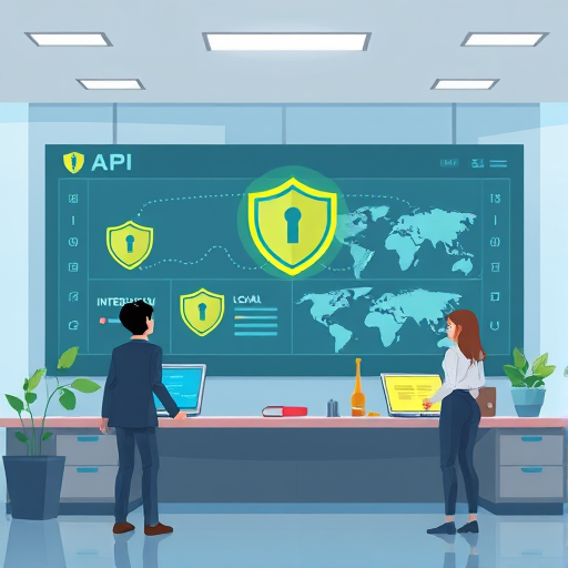 animated API security dashboard showing shield icons, encrypted connection lines, code blocks labeled