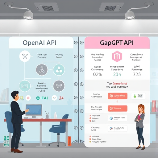 cartoon-style infographic comparing OpenAI API and GapGPT API, two columns with tech icons, Iranian elements, API endpoints, architecture illustration, text-free
