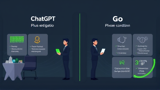 animated side-by-side comparison between two account types (ChatGPT Plus vs Go) with icons, pricing and features, clean tech infographic, dark theme, accent greens, no text