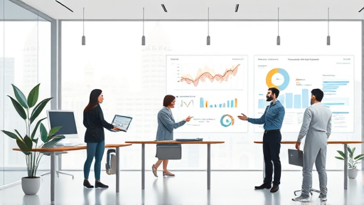 modern office environment, animated characters collaborating on AI-