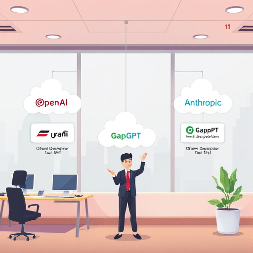 animated API comparison chart, four branded API clouds (OpenAI, Anthropic, Gemini, GapGPT)