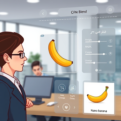 cartoon-style, close-up of AI image editing software interface, animated icon of a nano banana, controls for photo blending, color change, and facial detail preservation, high-