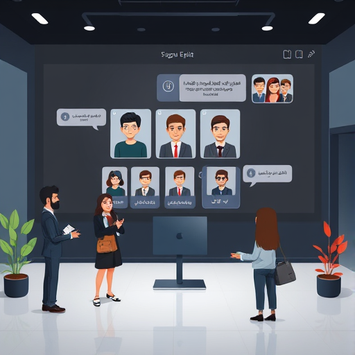 animated AI conversation editing interface with multiple photo editing steps, cartoon characters giving textual prompts, real-