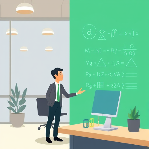 modern interface concept, digital AI assistant helping with mathematical equations and physics symbols, abstract cartoon style, accent green color palette, no text