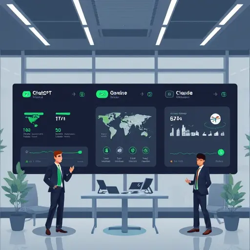 split-screen comparison of AI travel planners (ChatGPT, Claude, Gemini) evaluating destinations; dark themed UI with green accent; icons for budget, safety, visa, weather;; text-free