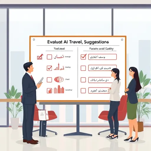 illustrated checklist board for evaluating AI travel suggestions; icons for budget, visa, safety, seasonality; minimalistic tech style;; no text