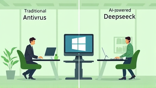comparison infographic style illustration: traditional antivirus vs AI-