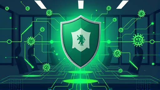 animated illustration of a shield and neural network lines, with digital viruses repelled, green accent, technology cartoon, no text