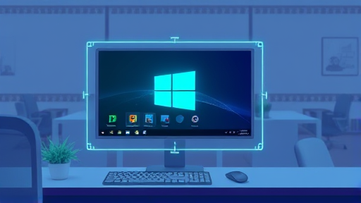 cartoon drawing of Windows desktop protected by an AI barrier, symbols of malware blocked, abstract blue and green glow, tech security, text-free
