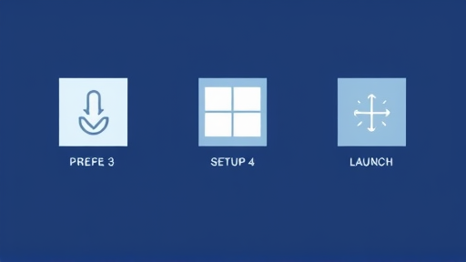 step-by-step Windows software installation illustration, showing download, setup, and launch icons, animated and clean, text-free