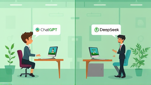 cartoon comparison chart: free vs paid AI services, ChatGPT and DeepSeek logos, animated Farsi environment, green and dark color palette, no text