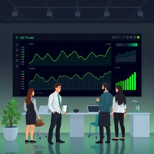 clean dark-themed illustration of an AI dashboard showing lab trends over time, line charts with moving averages and change-point markers, green accent, text-free