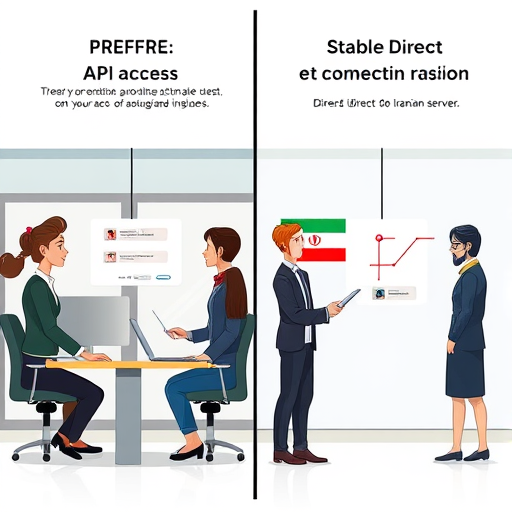 illustrated comparison of API access methods, left side unstable VPN cloud connections with error symbols, right side stable direct API connection to Iranian server, cartoon, text-free