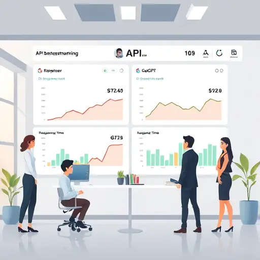 API benchmarking dashboard illustration, showing response time graphs for GPT-4