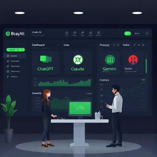 modern dark-themed dashboard illustration showing icons for ChatGPT, Claude, and Gemini within a unified Iranian AI platform, sleek UI, green accent, no text