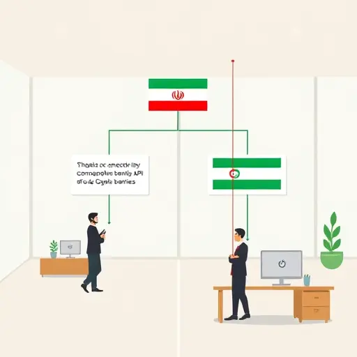 simple architecture infographic, cartoon style, showing two paths: one with a blocked connection by sanction barriers (VPN needed) for Google Gemini API, another with a direct, clear connection for GapGPT API, using Iranian symbols, minimalist, text-free