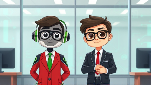 animated illustration showing Gemini AI and ChatGPT characters side by side, cartoon style, technology background, abstract AI patterns, text-