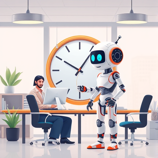 cartoon animation of a clock and AI robot working together to automate logo design, vibrant tech office, time-saving concept, clean design, no text