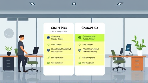 comparison chart illustration, ChatGPT Plus vs ChatGPT Go, highlighting affordability and extra features with green accent, cartoon style, Windows and AI symbols, no text