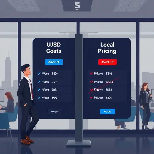 animated side-by-side pricing comparison board: USD costs vs local pricing, icons for VPN blocker crossed-