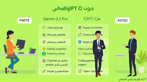 cartoon-style infographic comparing Gemini 2.0 Pro and ChatGPT Go, showing feature icons, price symbols, and AI logos, green dominant theme, no text